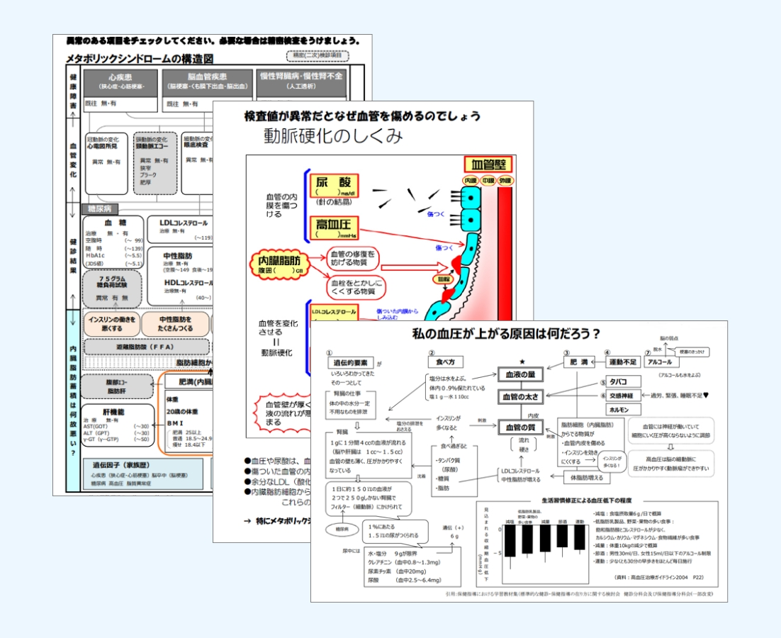 医学的エビデンスに基づく健康教材のサンプル：メタボリックシンドロームの構造図、動脈硬化のしくみ、血圧上昇の原因を説明する専門的な図解資料