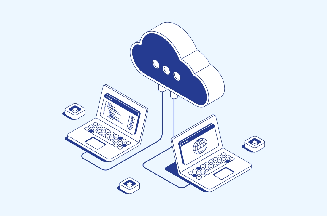 クラウドAPIのイメージ図：2台のノートパソコンがクラウドを介して接続され、多様なシステム連携を表現したアイソメトリックイラスト